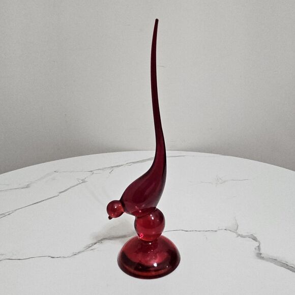 MCM Viking Glass Epic Ruby Red Amberina Long Tail Bird Figurine 10" Inches